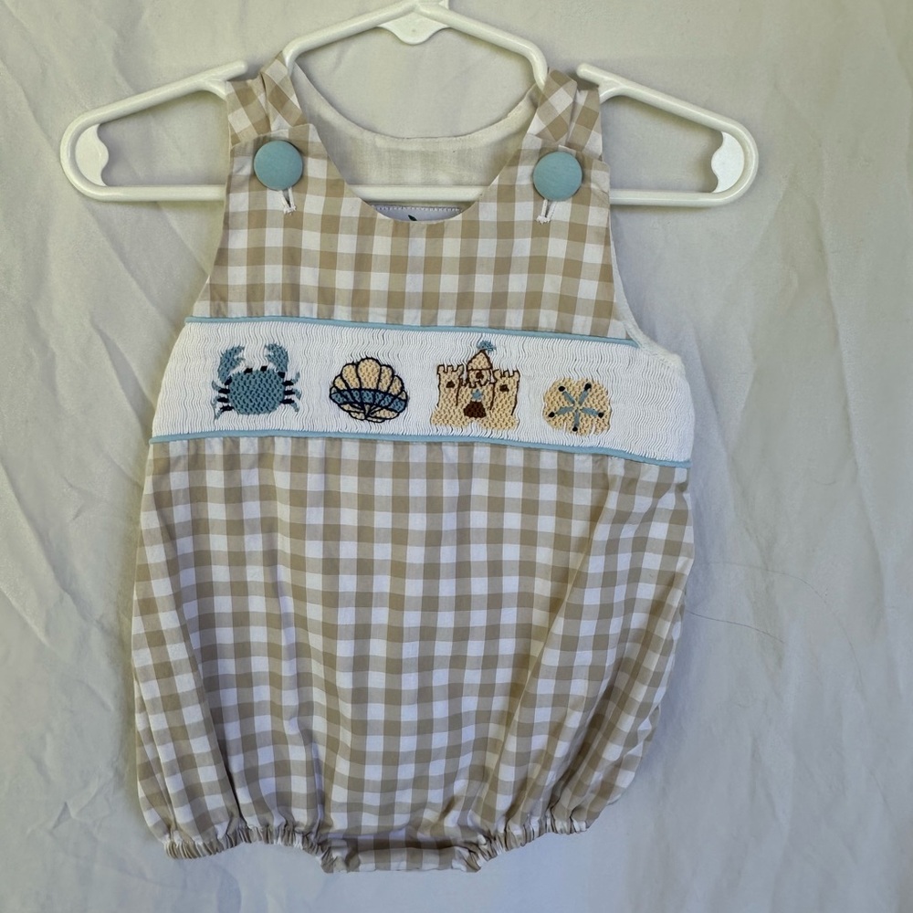 Southern Peach Smocked Gingham Baby Bubble Romper - Beige & White
